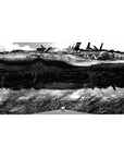 Anime desk pad 40x20 inches with colossal sci-fi battleship over a crowded city skyline, crisp linework.