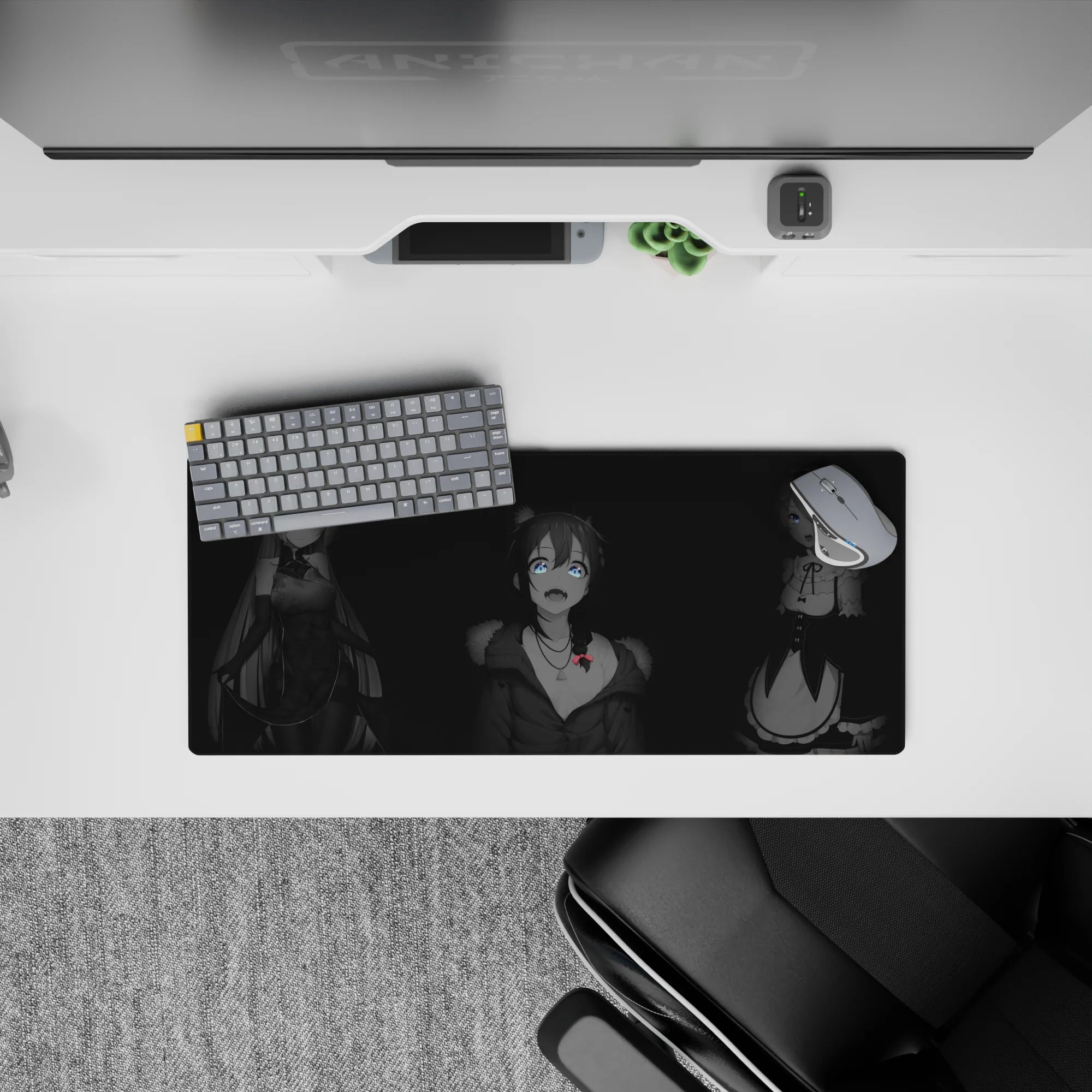 Dark smoky gothic-cute anime girl mouse pad 28x12 inches with moody tones and bright eye highlights.