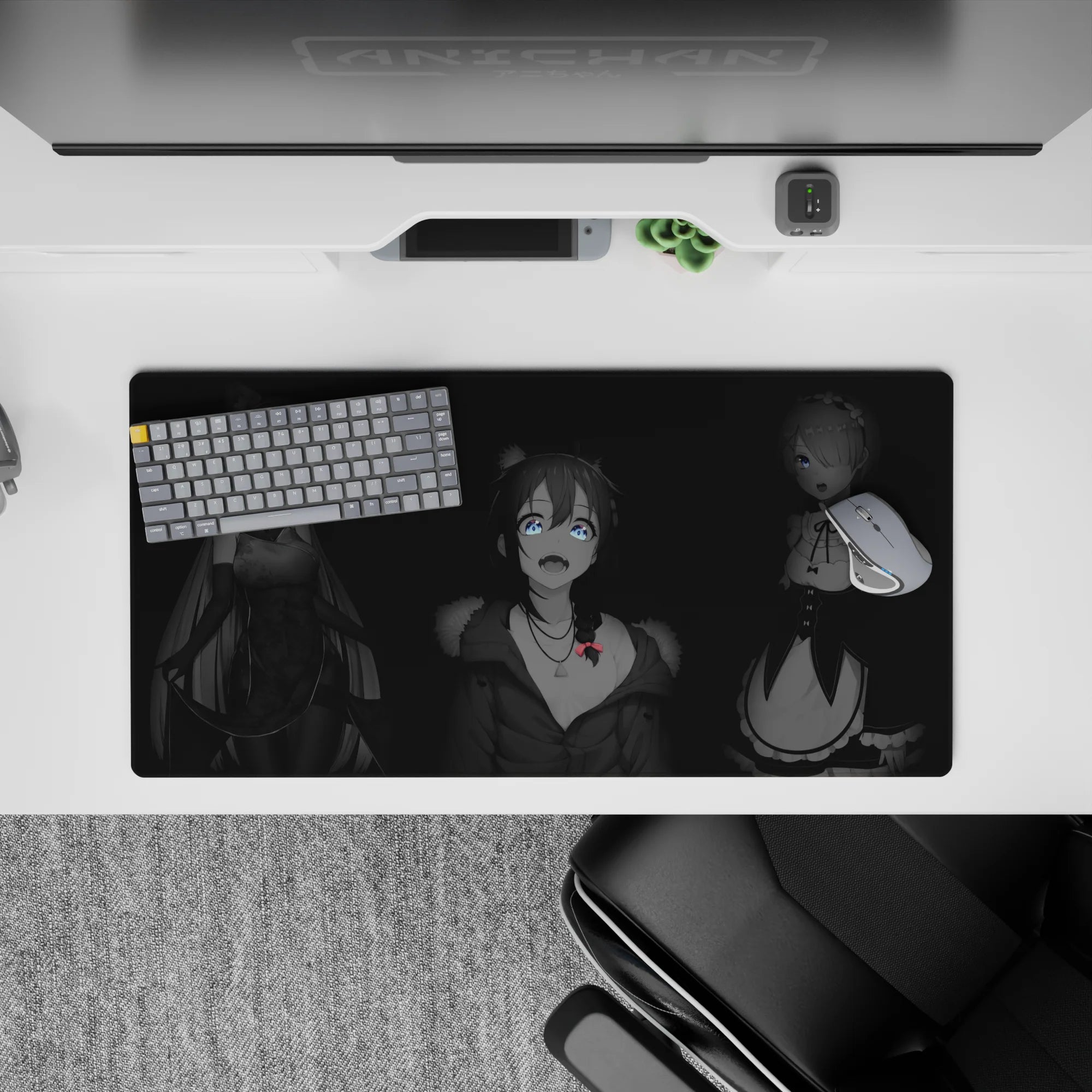 32x16 inches anime girl mouse pad with dark smoky background, crisp outlines, and cozy gothic vibes.