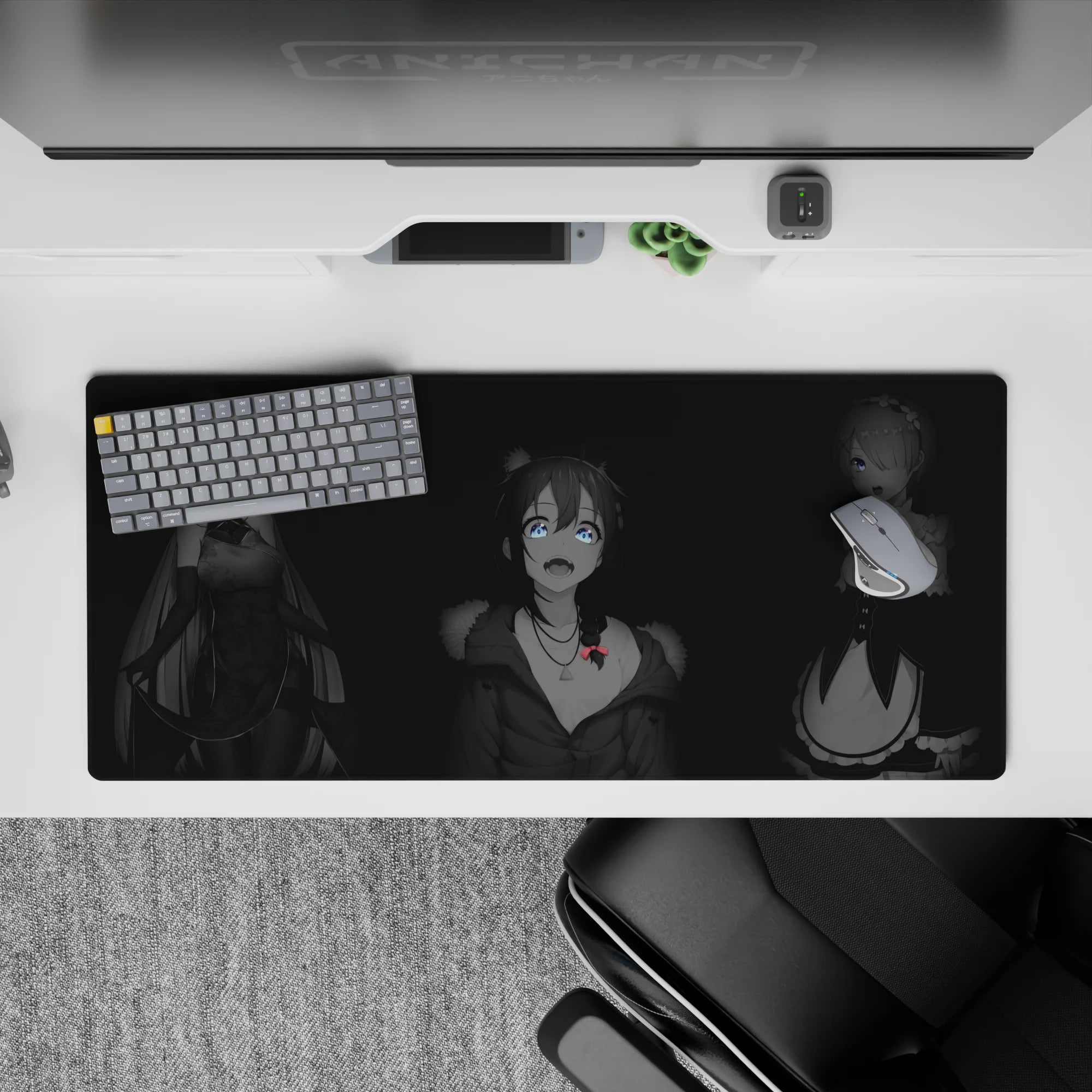 Dark smoky anime girl desk pad 36x16 inches, moody cozy vibe with bright eyes and subtle color pops.