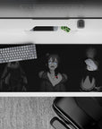 Dark smoky anime girl desk pad 36x16 inches, moody cozy vibe with bright eyes and subtle color pops.