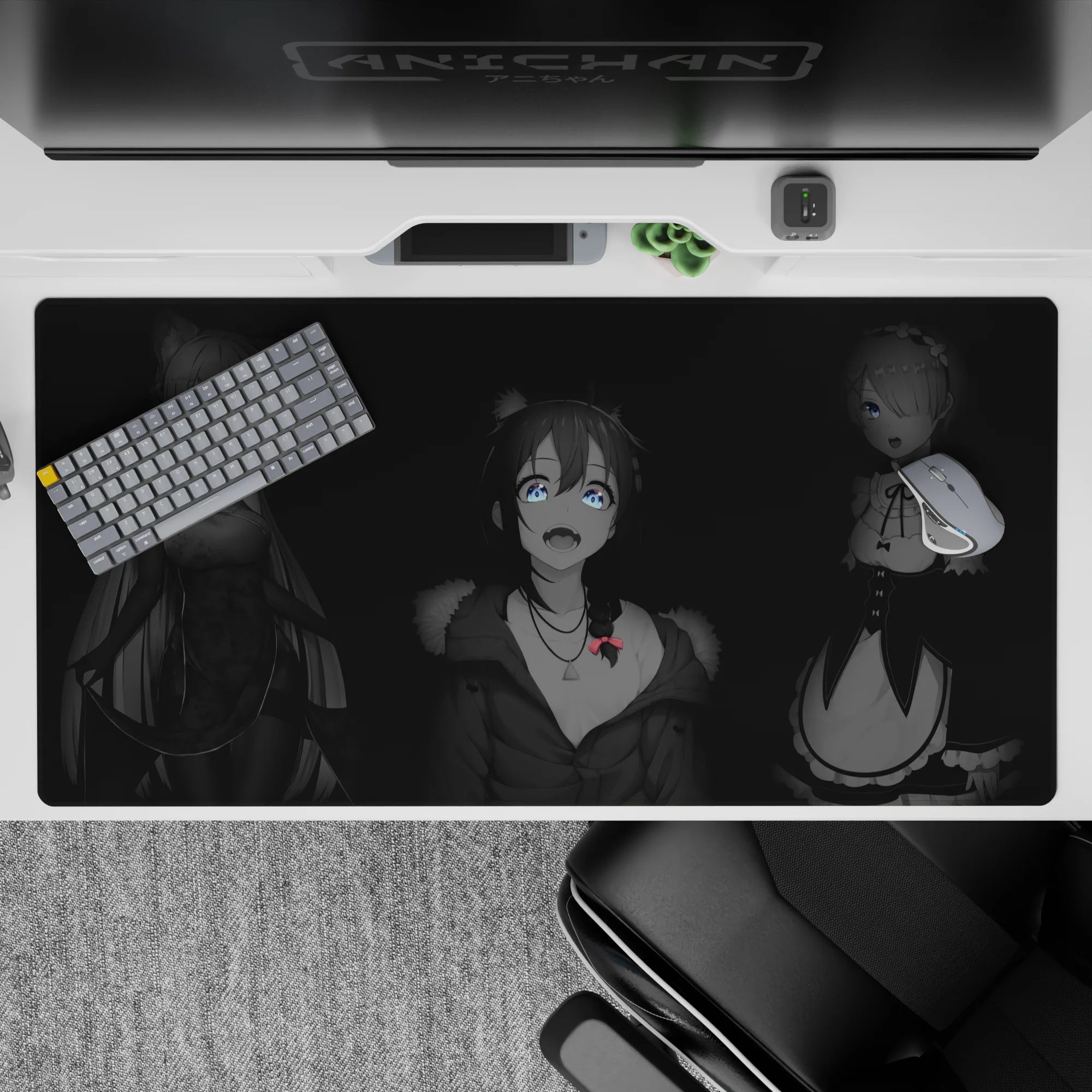 Moody smoky Re:Zero anime girl desk pad 40x20 inches with soft dark tones and bright eyes.