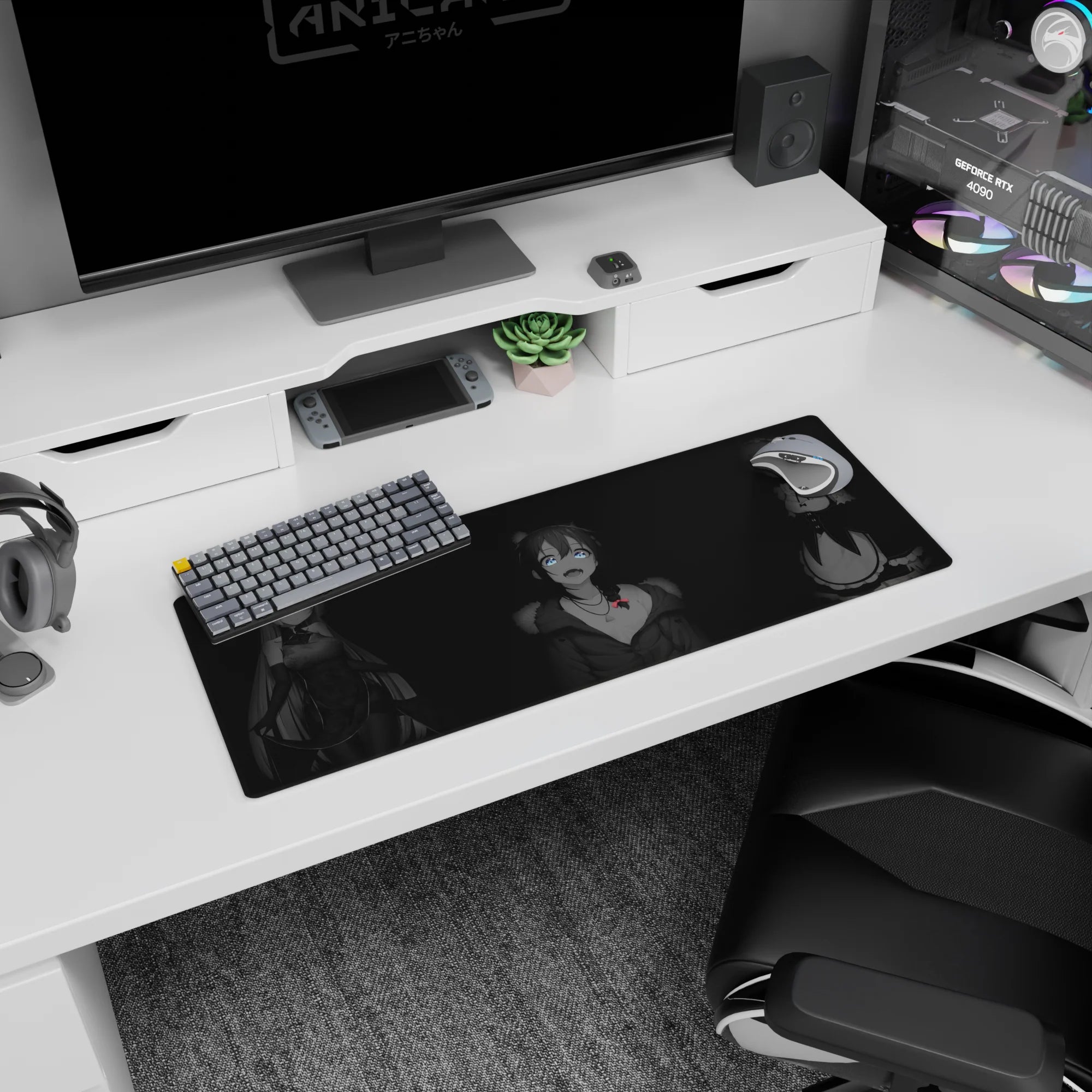 32x12 inches anime girl mouse pad featuring Emilia, Rem, and Ram sitting together like desk companions.