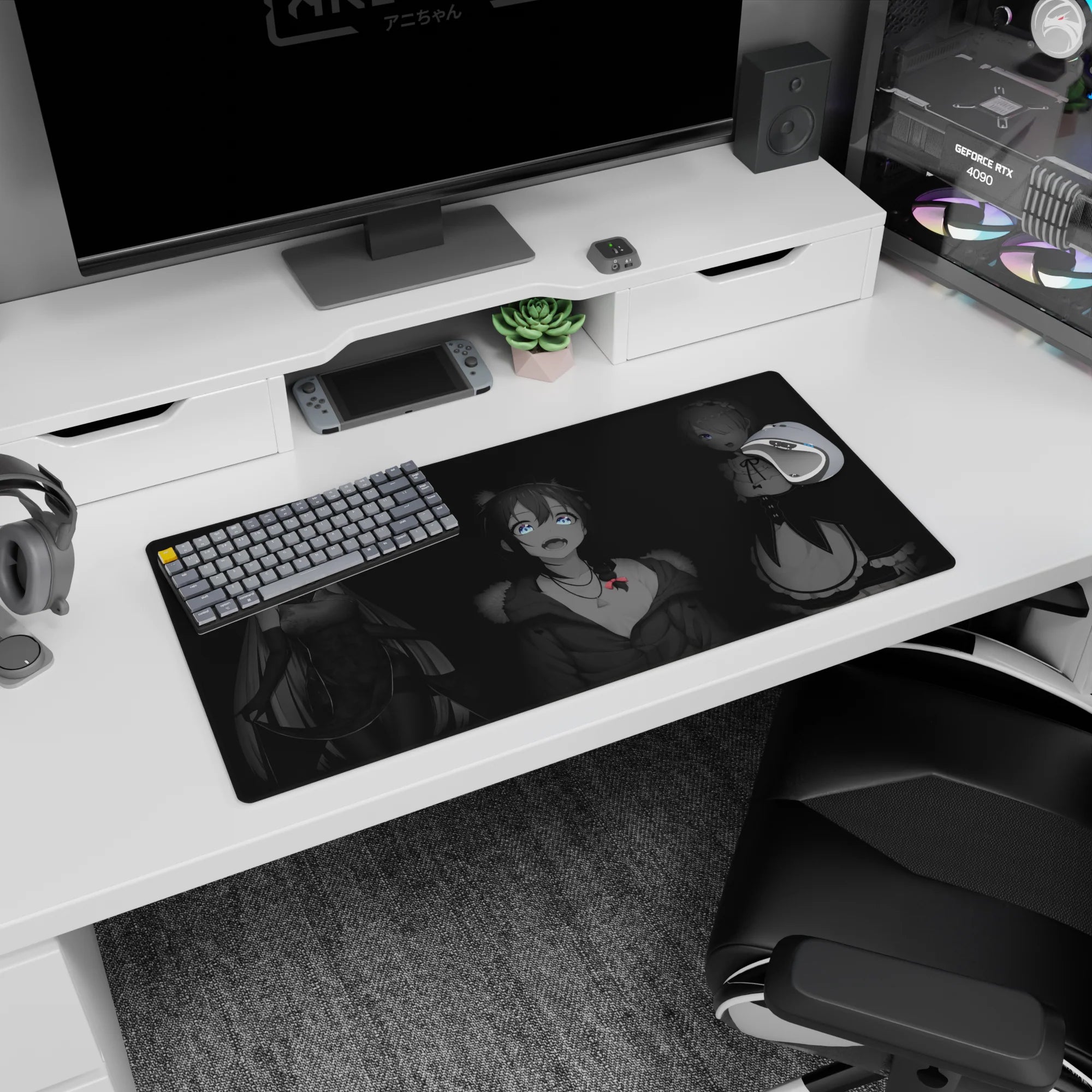 32x16 inches anime girl mouse pad featuring Emilia with Rem and Ram keeping you company while you game.