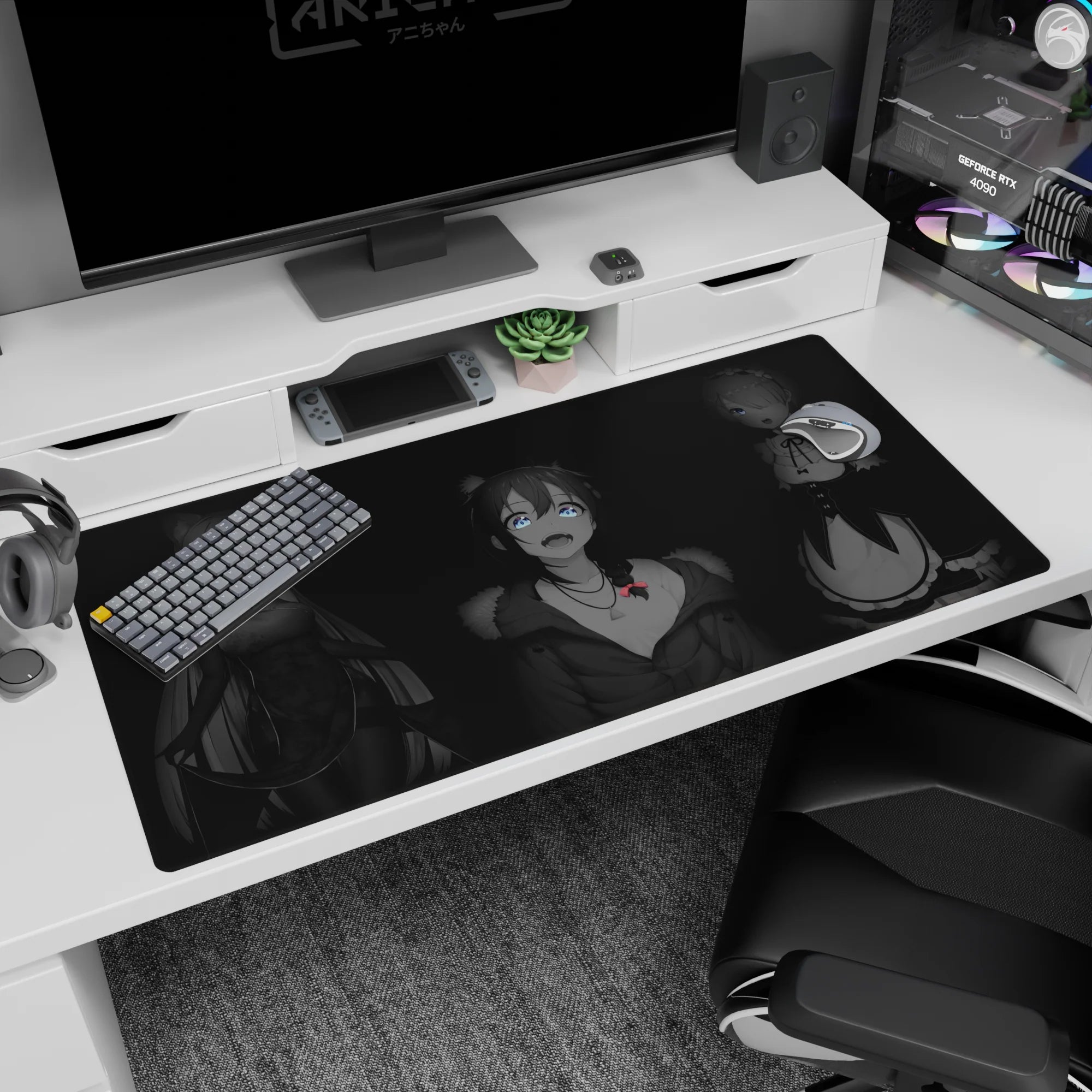 Emilia with Rem and Ram on a 40x20 inches anime girl desk pad, cozy gothic-cute desk scene.