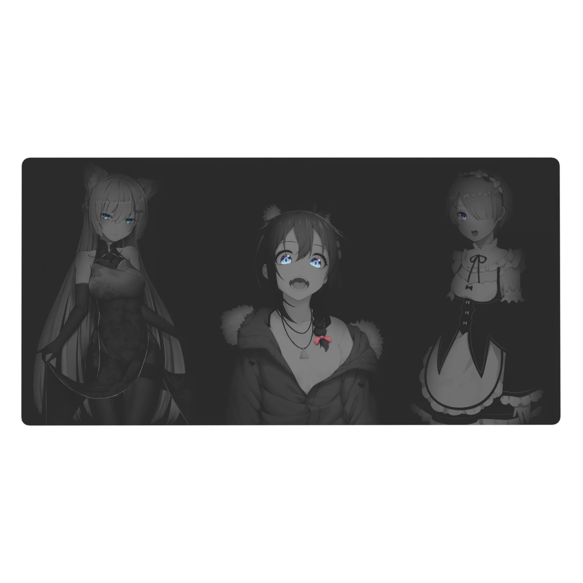 Re:Zero anime girl desk pad 40x20 inches with Emilia, Rem, and Ram in crisp clean line art.