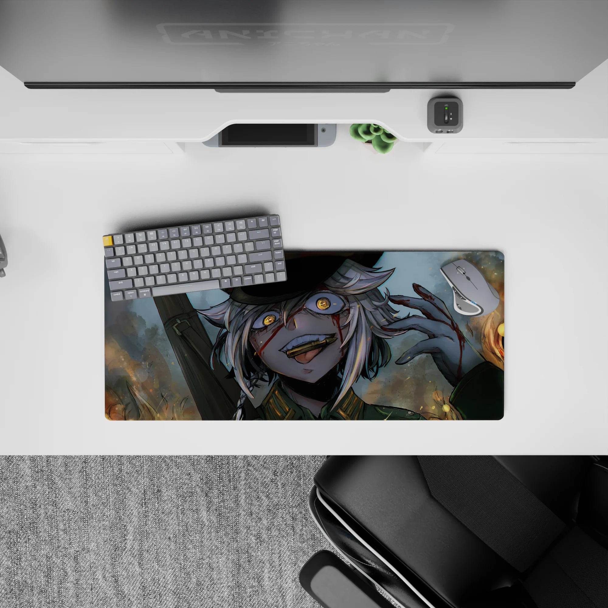 28x12 inches anime mouse pad in gray-blue tones with gritty textures, warm sparks, and amber-eyed glow.