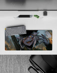 28x12 inches anime mouse pad in gray-blue tones with gritty textures, warm sparks, and amber-eyed glow.