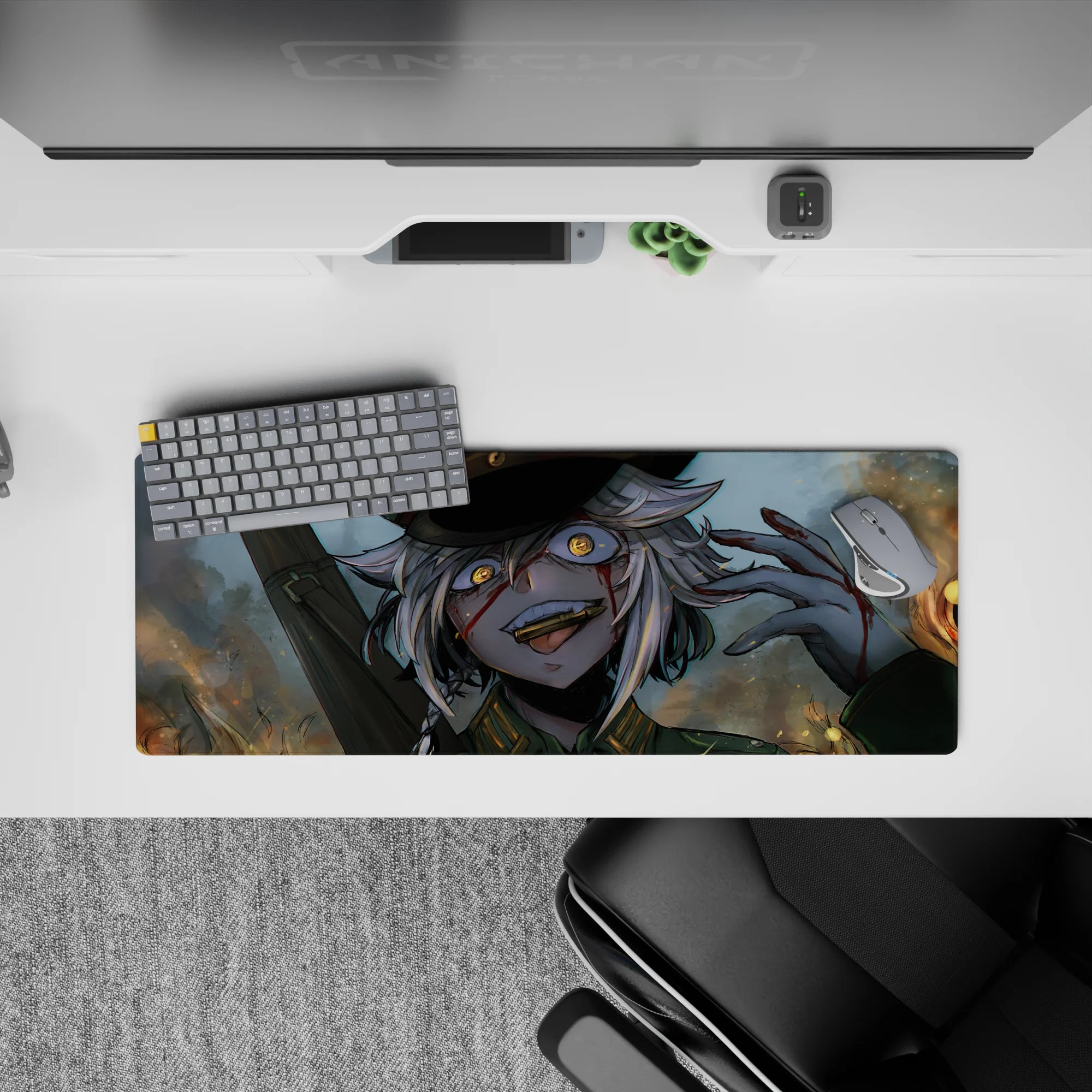 Chaotic-cute anime desk mat 32x12 inches in smoky gray-blue with warm sparks and amber glow.