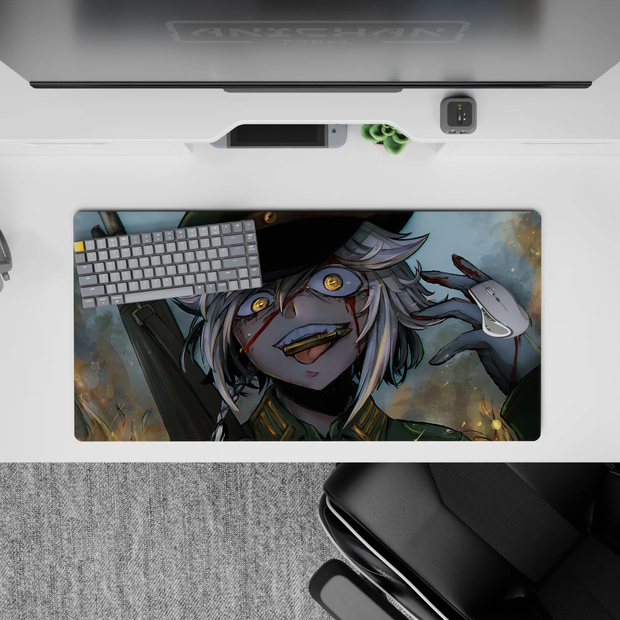 Chaotic-cute anime mouse pad 32x16 inches in smoky gray-blue with warm sparks and amber glow.