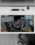 Chaotic-cute anime mouse pad 32x16 inches in smoky gray-blue with warm sparks and amber glow.