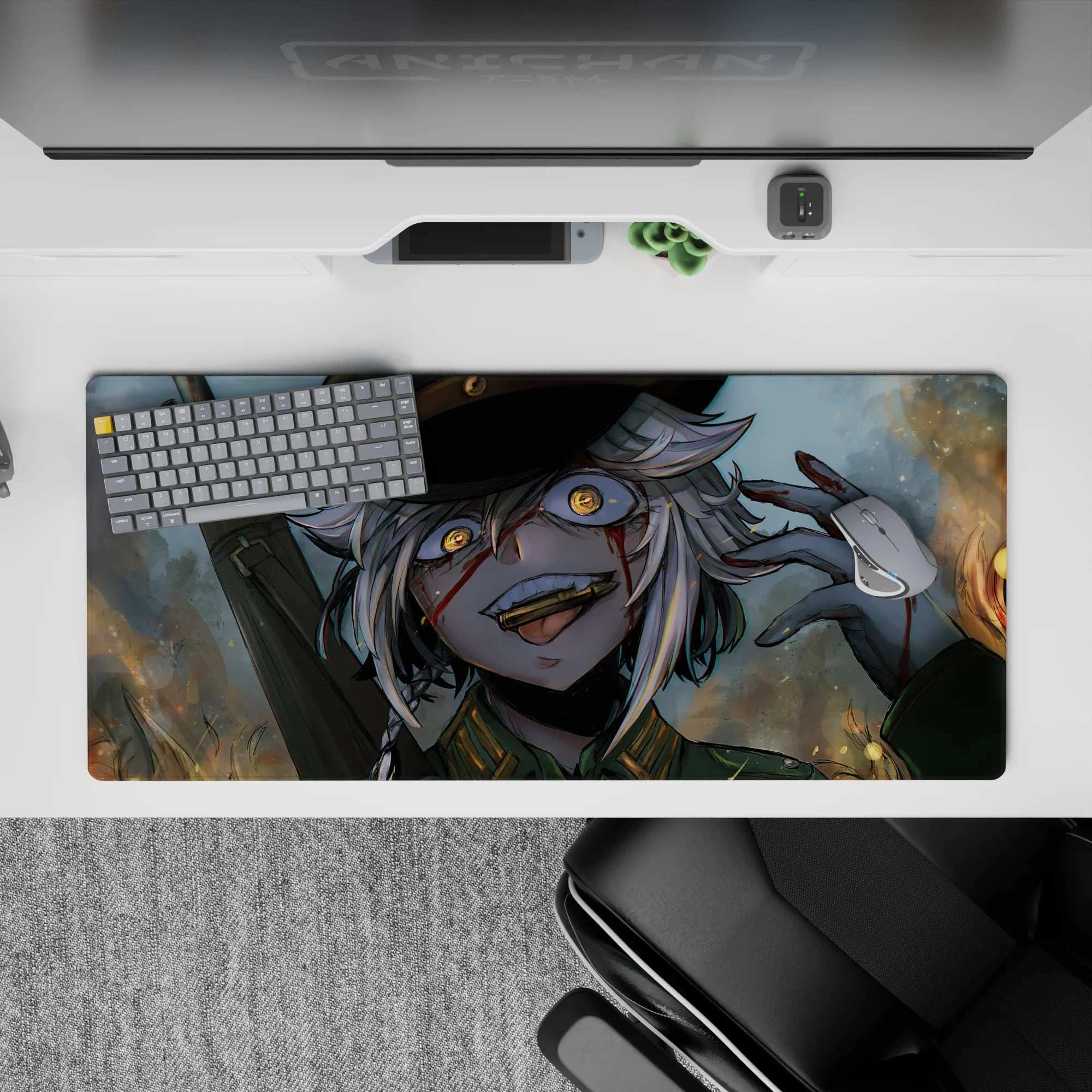 Chaotic-cute anime desk pad 36x16 inches in smoky gray-blue with warm sparks and glowing amber eyes.