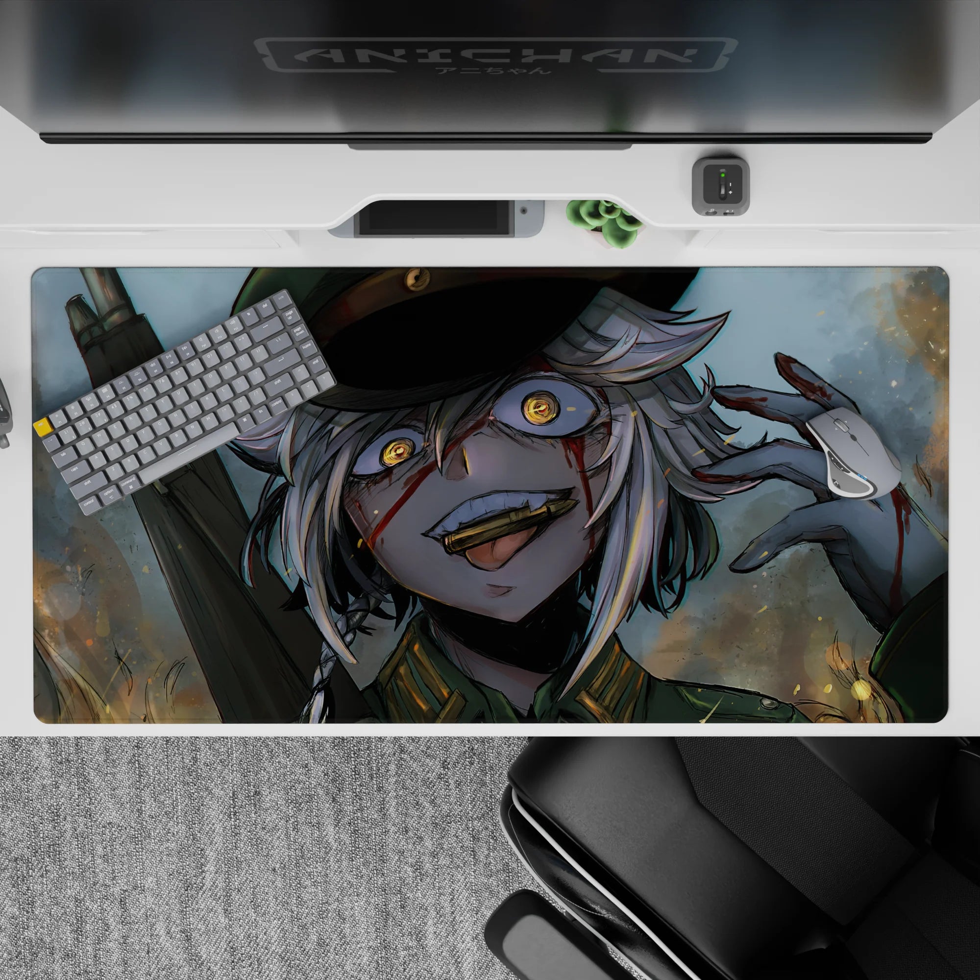 Chaotic-cute anime desk pad 40x20 inches in smoky gray-blue with warm sparks and glowing amber eyes.