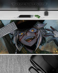 Chaotic-cute anime desk pad 40x20 inches in smoky gray-blue with warm sparks and glowing amber eyes.