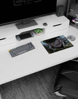 Grinning silver-haired soldier girl 14x10 inches mouse pad, dark cap, amber eyes staring at your desk.