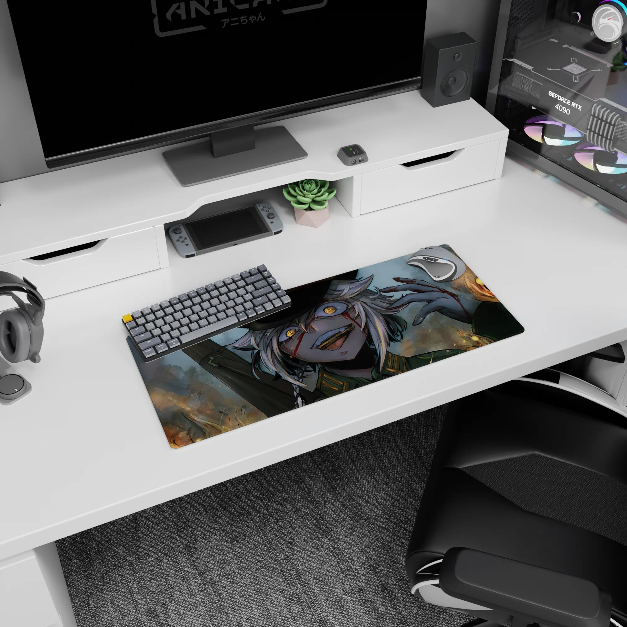 28x12 inches anime girl mouse pad showing a smirking soldier girl staring forward with glowing amber eyes.