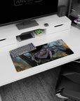 28x12 inches anime girl mouse pad showing a smirking soldier girl staring forward with glowing amber eyes.