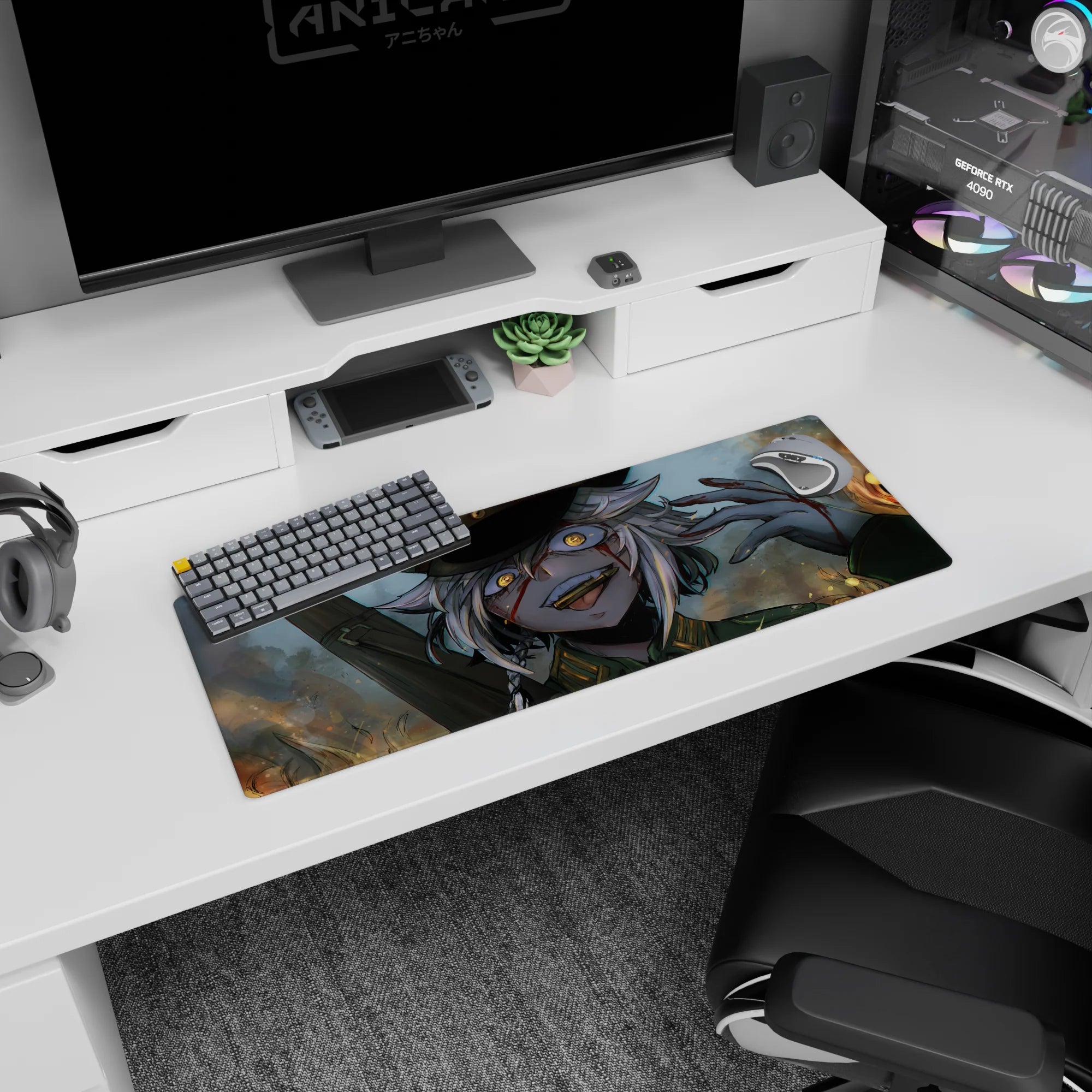 32x12 inches anime mouse pad featuring a silver-haired girl in a cap, glowing amber eyes staring ahead.