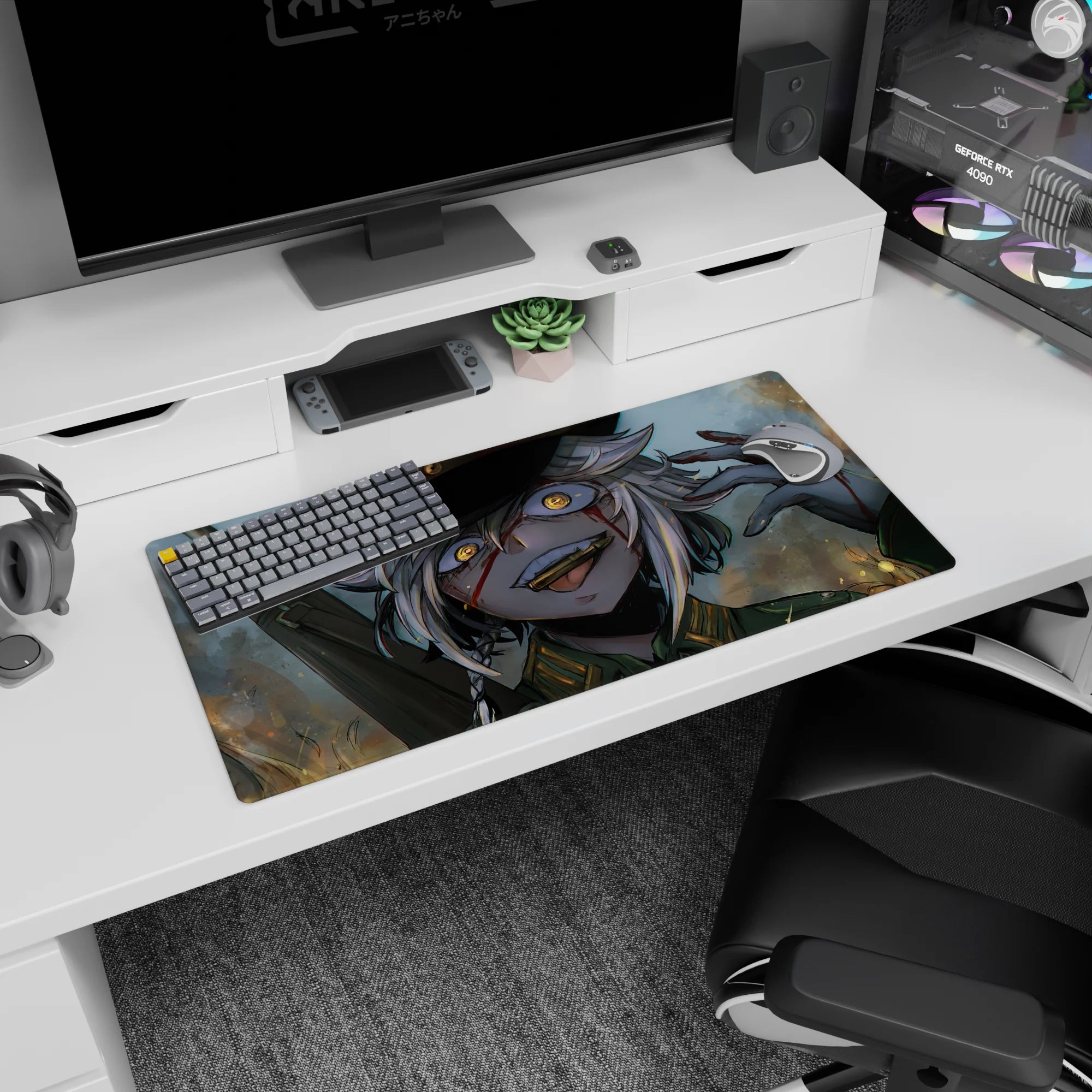 Grinning silver-haired anime soldier girl with glowing amber eyes on mouse pad 32x16 inches.