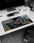 Grinning silver-haired anime soldier girl with glowing amber eyes on mouse pad 32x16 inches.