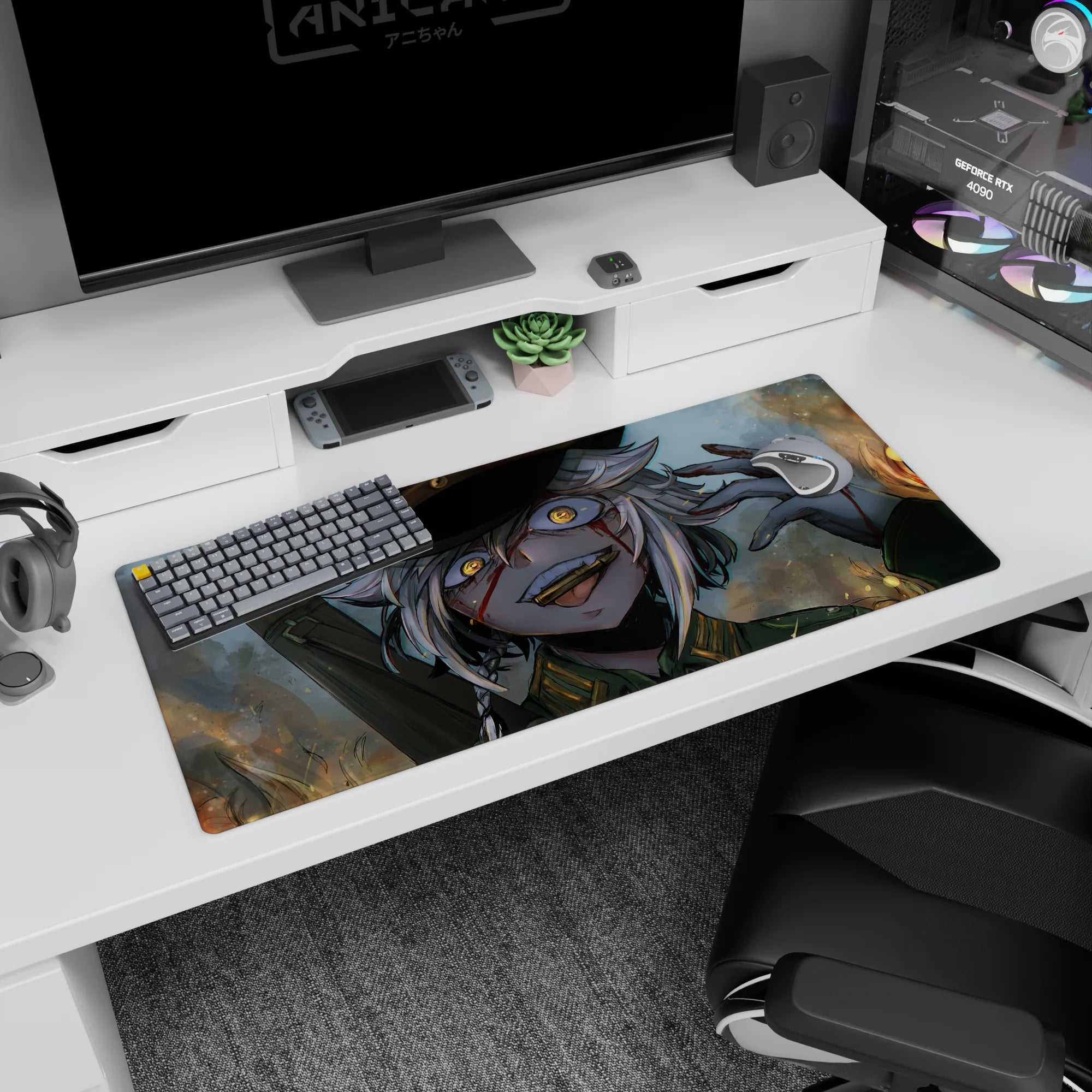 Silver-haired anime soldier girl in dark cap staring with amber eyes on a 36x16 inches desk pad.
