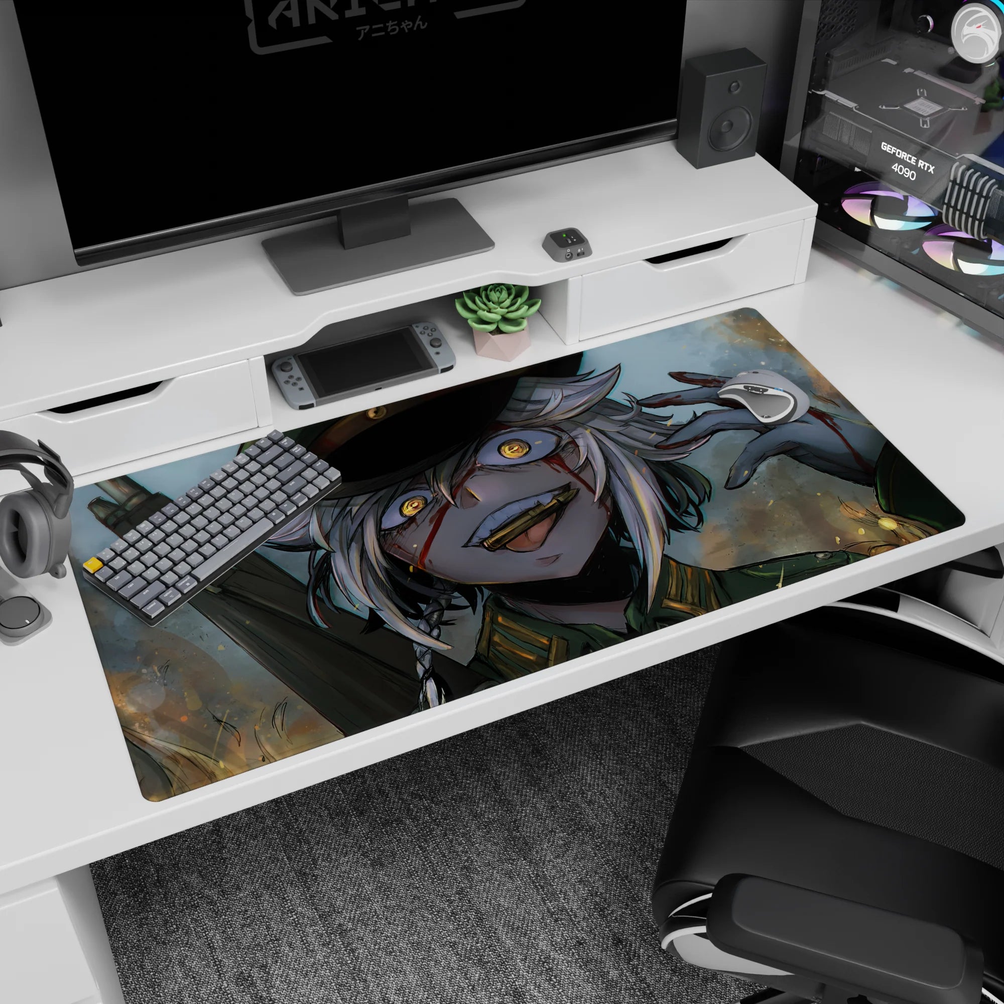 Grinning soldier anime girl with silver hair and amber eyes on desk pad 40x20 inches, cap and sparks.