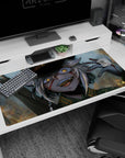 Grinning soldier anime girl with silver hair and amber eyes on desk pad 40x20 inches, cap and sparks.
