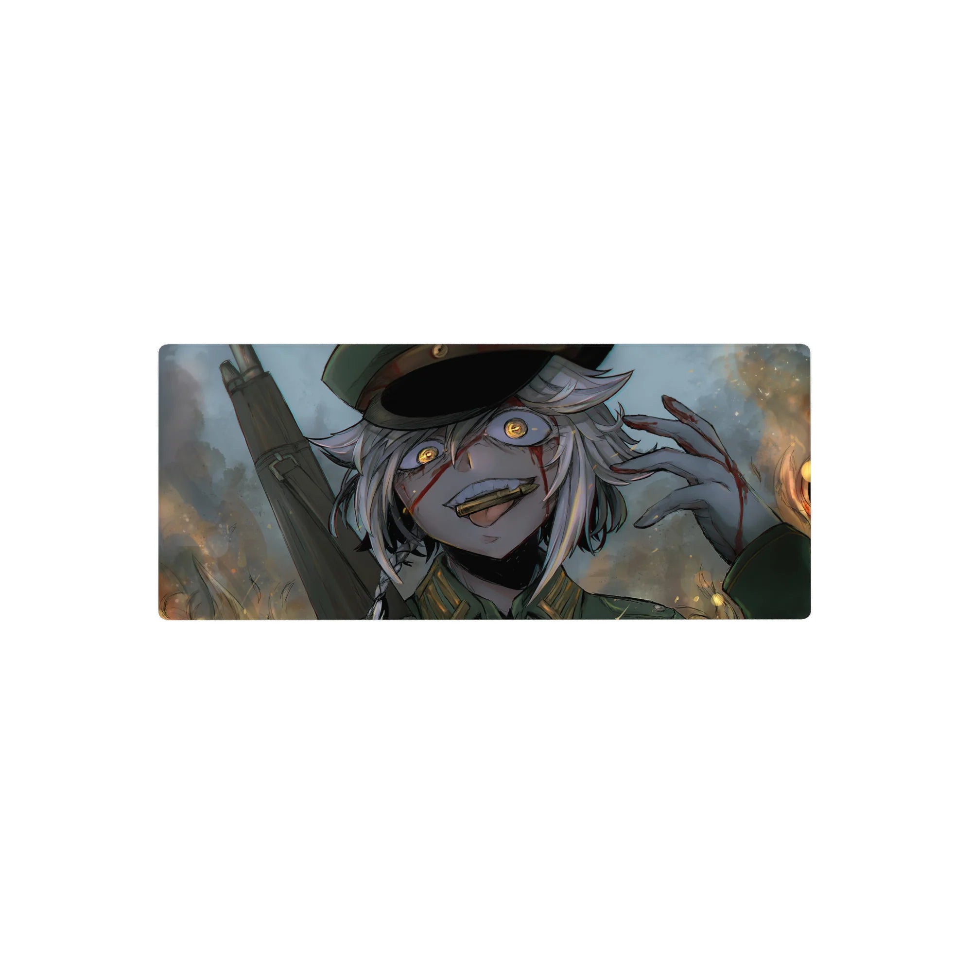 28x12 inches anime girl mouse pad with grinning silver-haired soldier in dark cap on smoky backdrop.