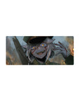 28x12 inches anime girl mouse pad with grinning silver-haired soldier in dark cap on smoky backdrop.