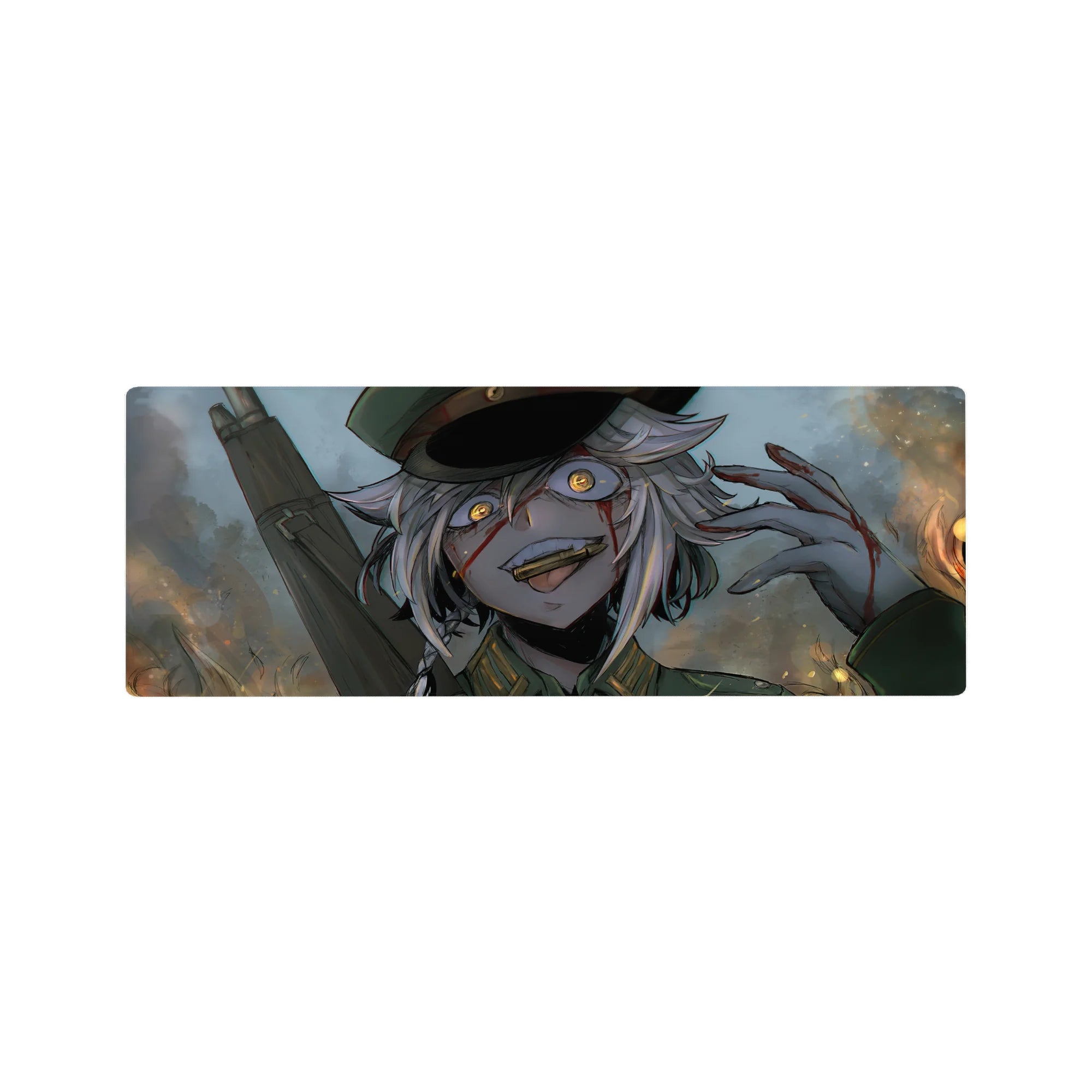 Anime girl mouse pad 32x12 inches with grinning silver-haired soldier, dark cap, gritty brush texture.