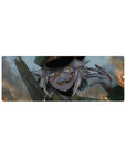 Anime girl mouse pad 32x12 inches with grinning silver-haired soldier, dark cap, gritty brush texture.