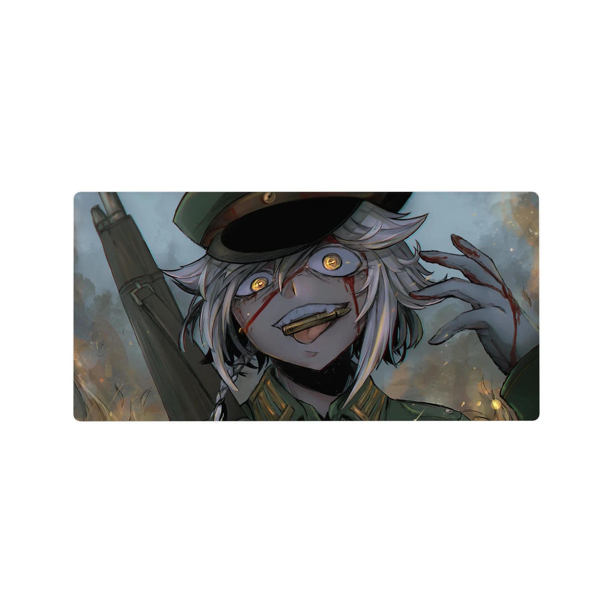 Anime girl mouse pad 32x16 inches with silver-haired soldier girl, dark cap, gritty brush texture art.