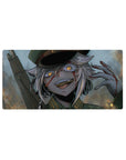 Anime girl mouse pad 32x16 inches with silver-haired soldier girl, dark cap, gritty brush texture art.