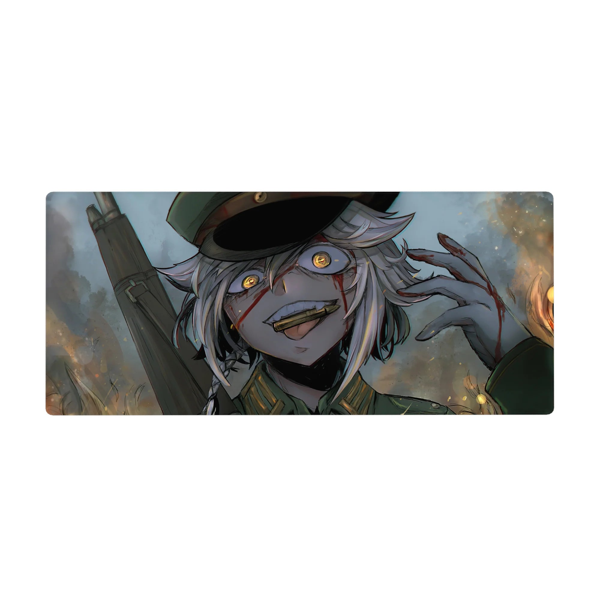 Anime girl desk pad 36x16 inches with grinning silver-haired soldier art and gritty brush textures.