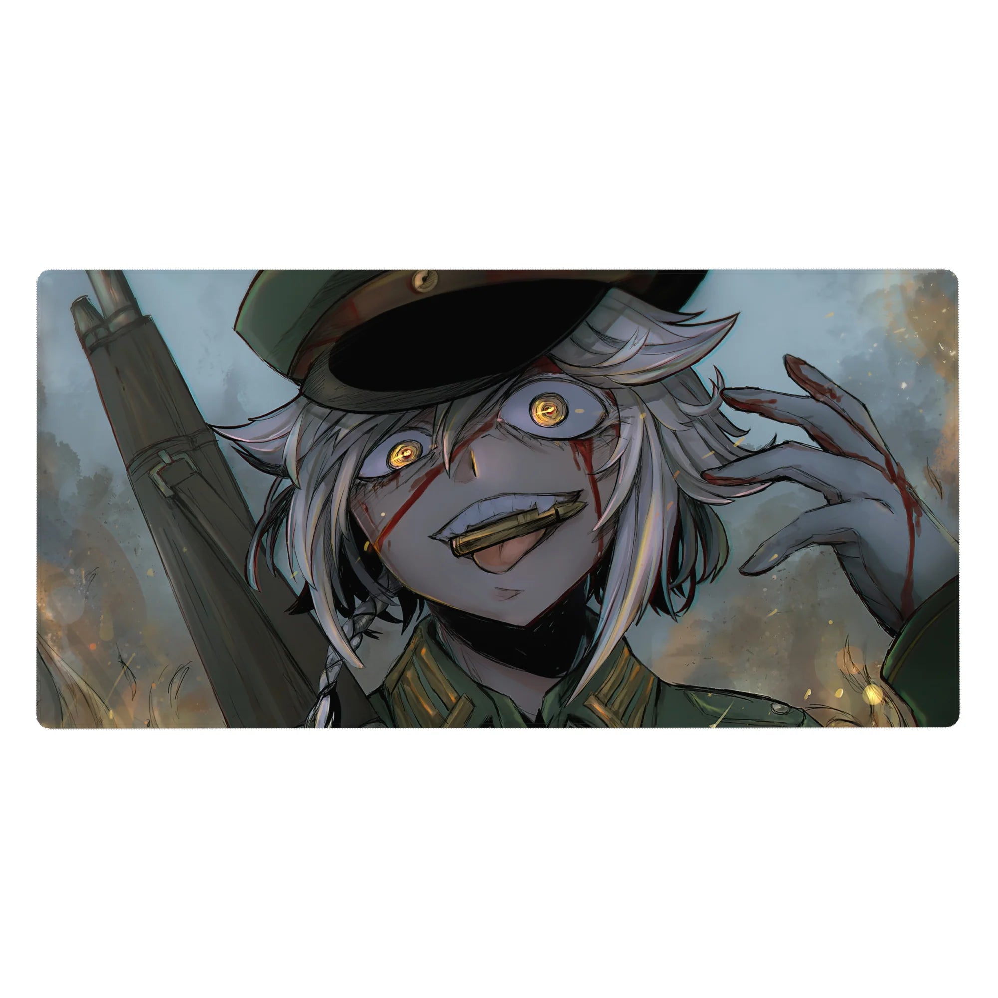 Anime girl desk pad 40x20 inches with grinning silver-haired soldier, dark cap, gritty brush art.