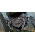Anime girl desk pad 40x20 inches with grinning silver-haired soldier, dark cap, gritty brush art.