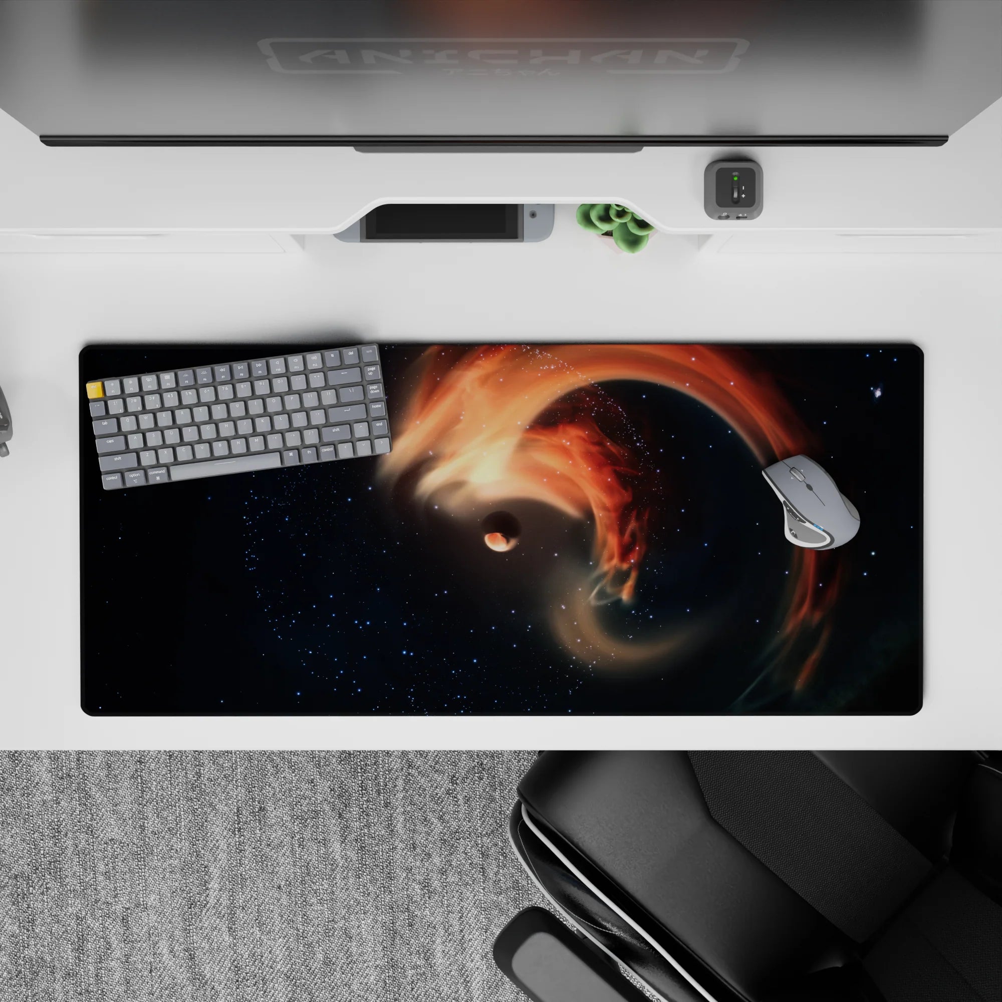 Smoky black to starry navy with warm orange ribbons, dreamy 36x16 inches desk pad.