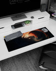 Nebula spiral with tiny lonely planet mouse pad 32x12 inches, starry night backdrop and orange streaks.