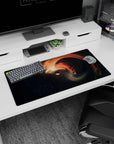 Nebula spiral around a tiny planet mouse pad 32x16 inches, starry space scene with orange streaks.