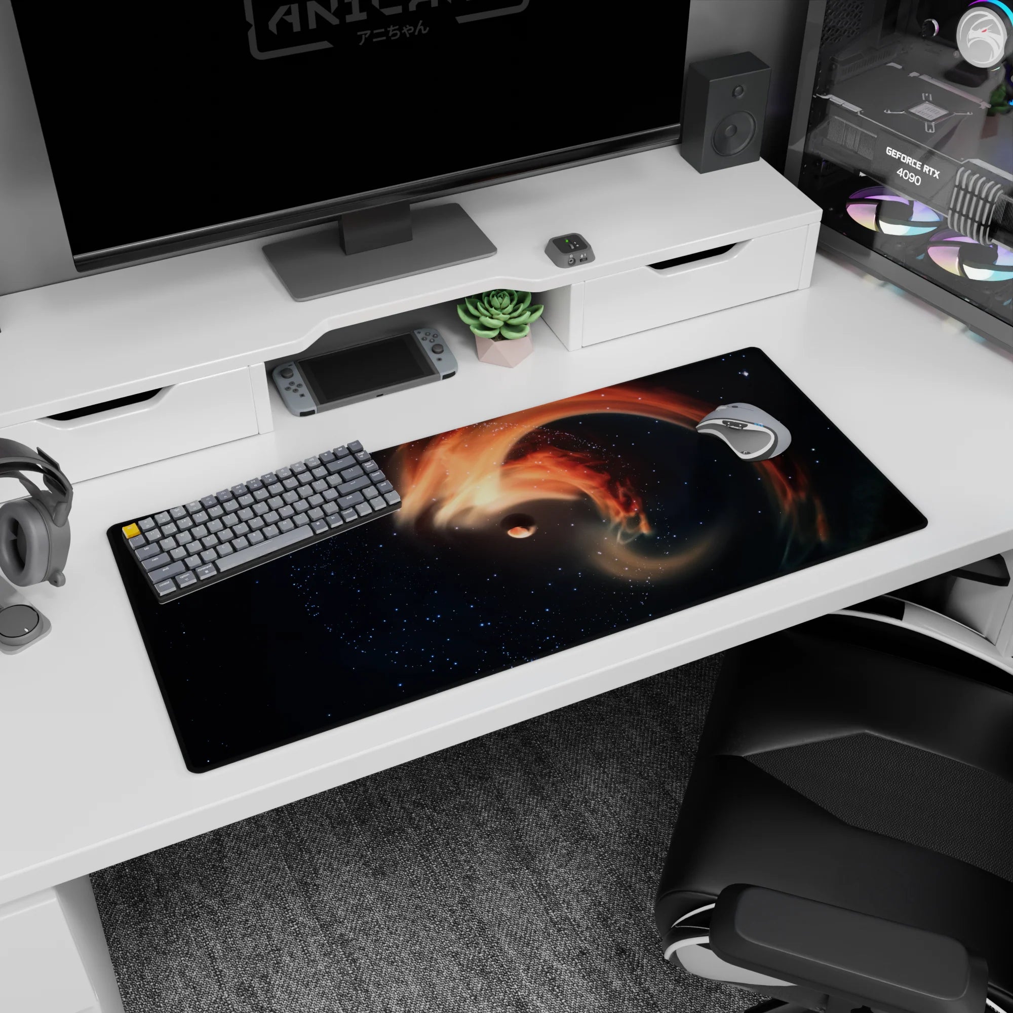 Nebula spiral scene circling a cute lonely planet, 36x16 inches extended desk pad.