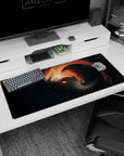 Nebula spiral scene circling a cute lonely planet, 36x16 inches extended desk pad.