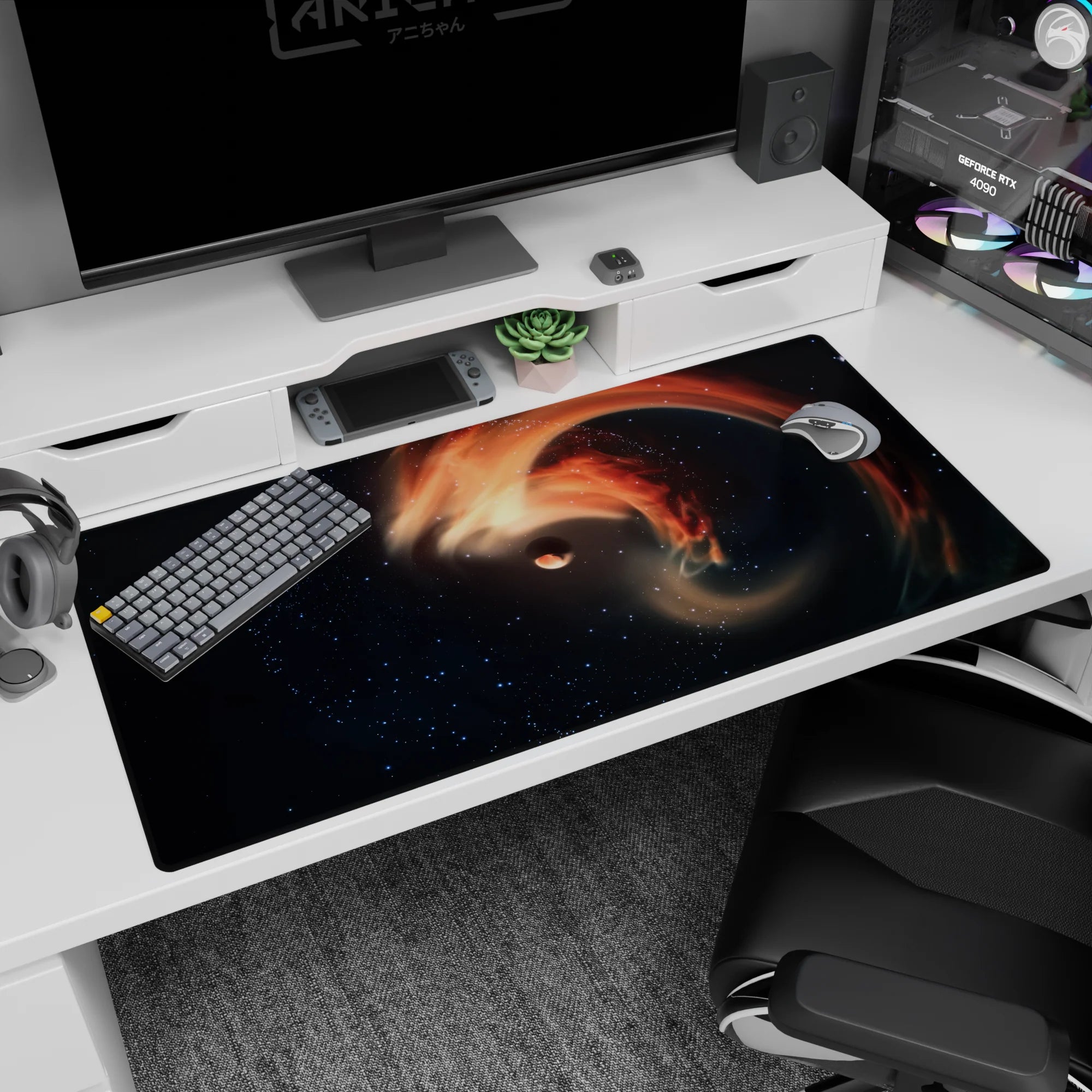 Nebula spiral desk pad 40x20 inches featuring a lone cute planet amid a swirling galaxy scene.