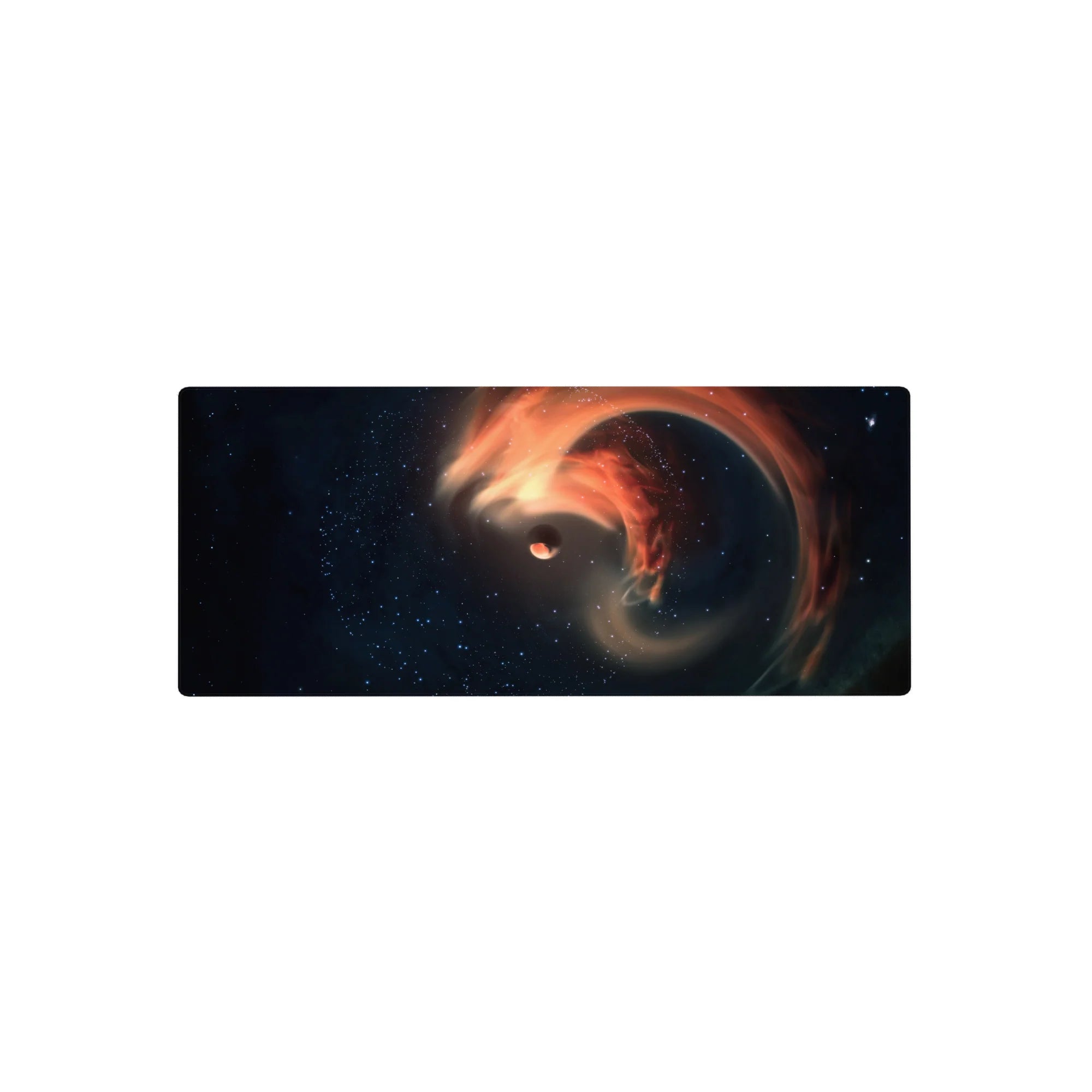 Deep space swirl nebula mouse pad 28x12 inches with navy stars, orange ribbons, and tiny planet.