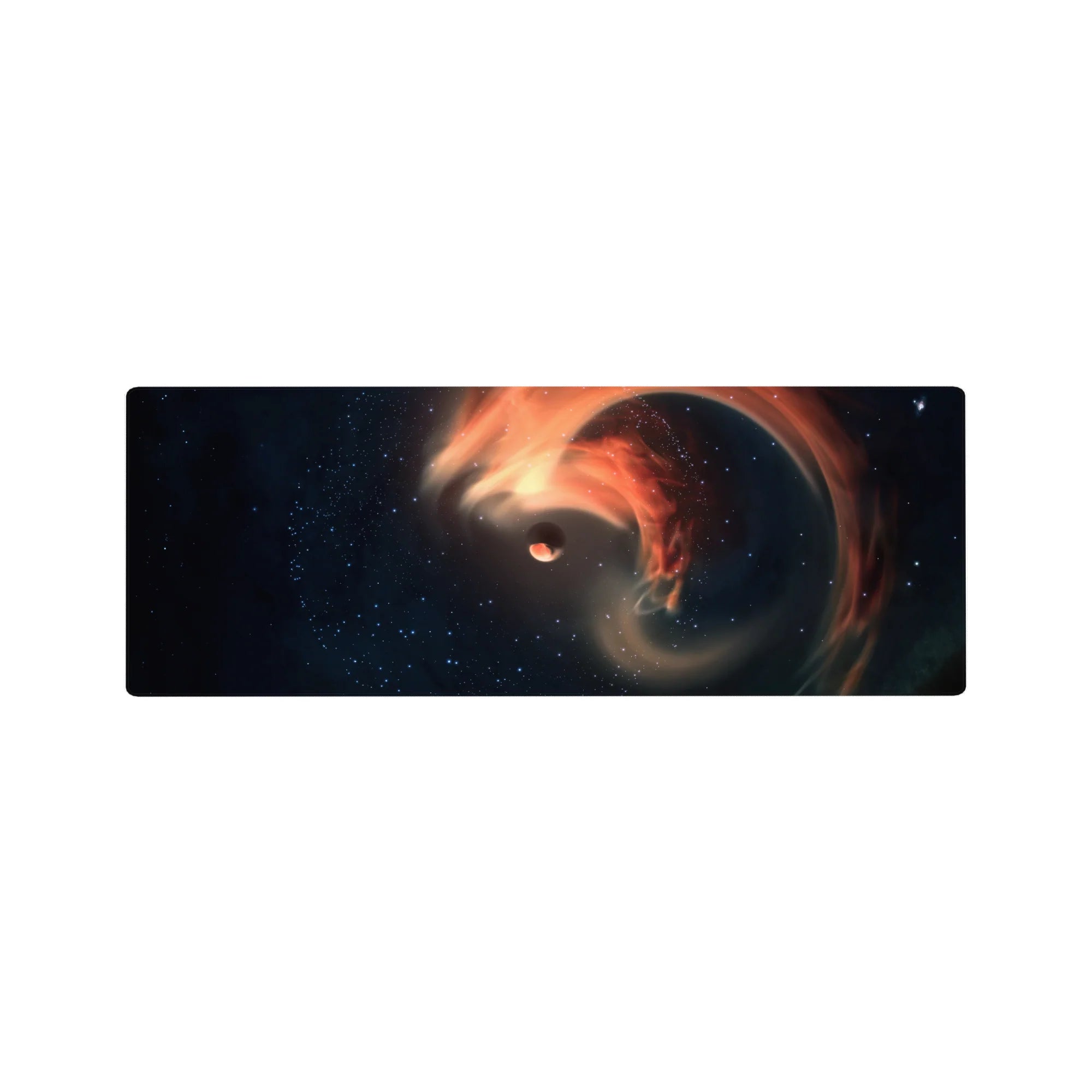 Cosmic swirl galaxy mouse pad 32x12 inches with nebula spiral, starry navy, and orange ribbons.