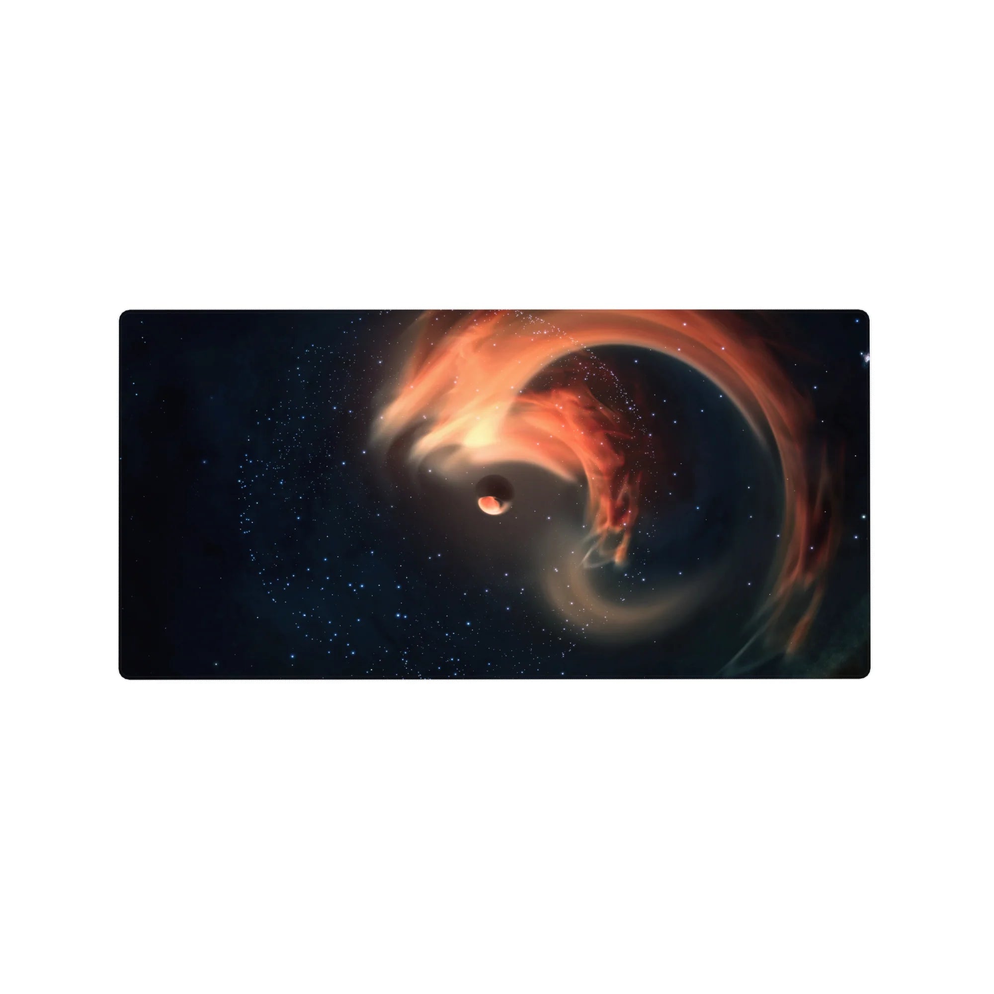 Cosmic swirl nebula mouse pad 32x16 inches with starry navy, smoky black, and orange ribbons.