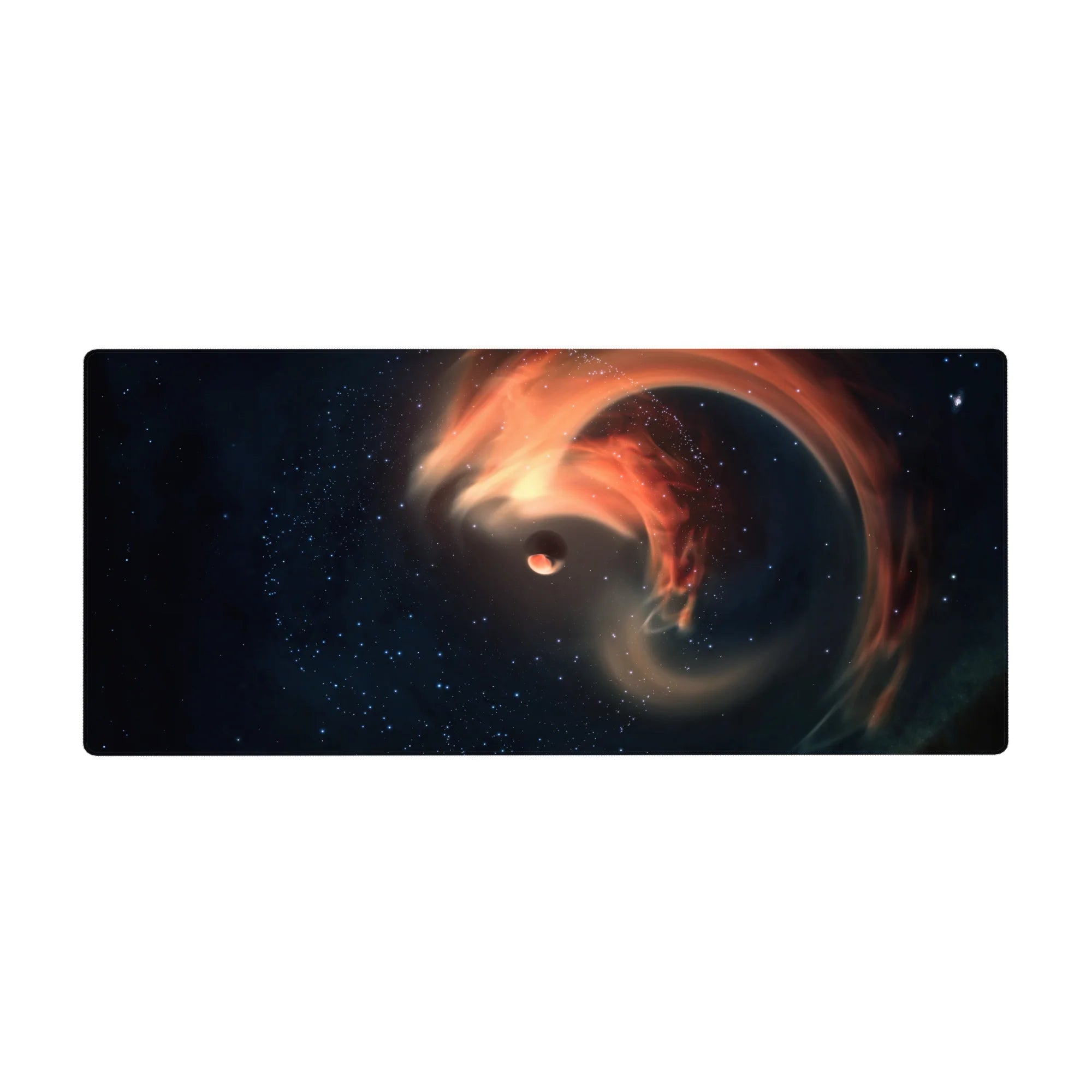 Cosmic swirl galaxy desk pad with tiny planet, 36x16 inches.