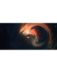 Cosmic swirl galaxy desk pad with tiny planet, 36x16 inches.