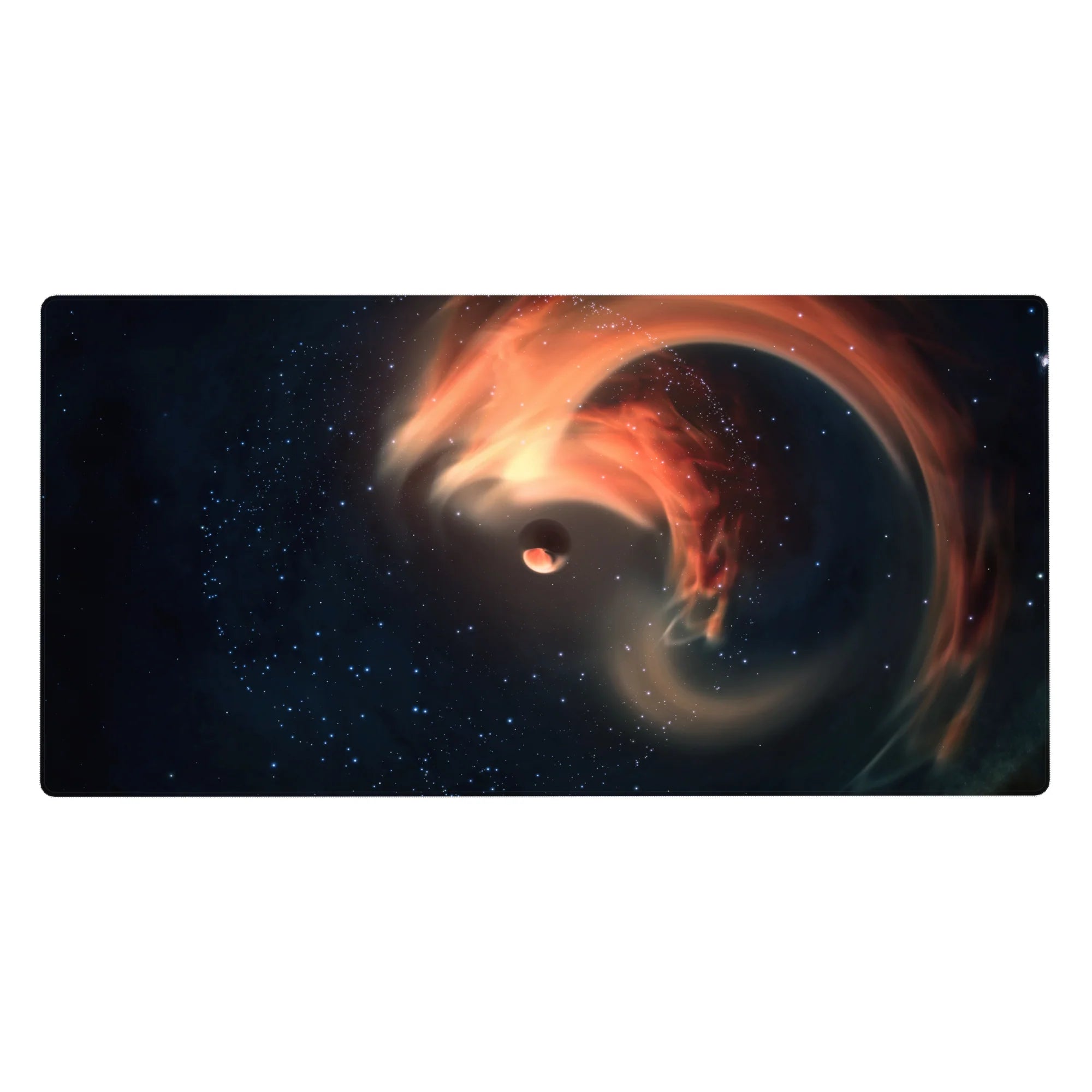 Cosmic swirl desk pad 40x20 inches with nebula spiral, starry navy background, and tiny planet.