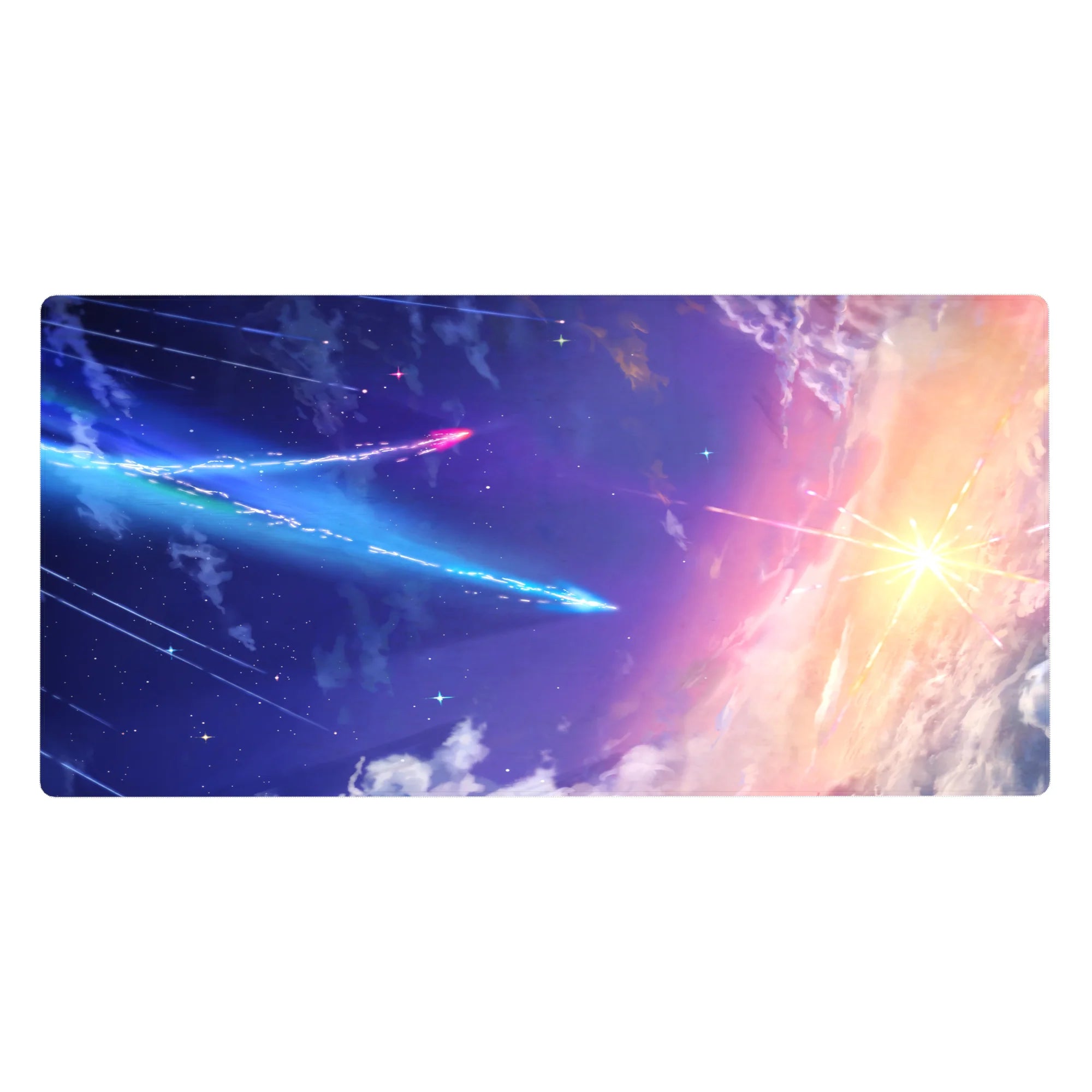 Night sky gradient desk pad 40x20 inches with stars, comet streak, and soft cloud swirls.