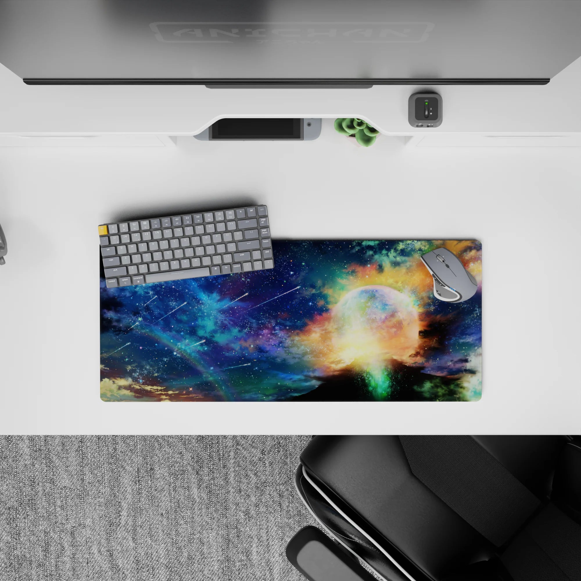 Deep blue to teal mist mouse pad 28x12 inches with warm gold clouds for a cozy, calming late-night vibe.